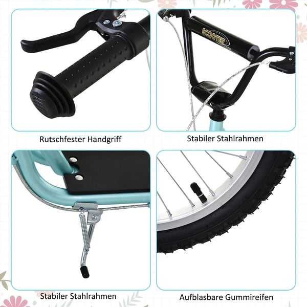 HOMCOM Børnescooter, Foldbar Løbehjul med Luftdæk & Håndbremse, Cityscooter, Eventyr for Børn fra 5 år, Lysblå, 16 tommer Hjul