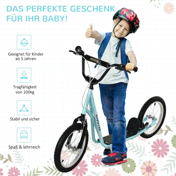 HOMCOM Børnescooter, Foldbar Løbehjul med Luftdæk & Håndbremse, Cityscooter, Eventyr for Børn fra 5 år, Lysblå, 16 tommer Hjul