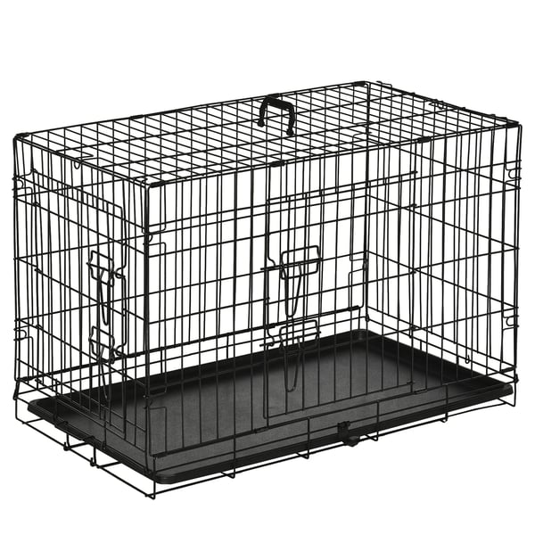 PawHut Hundbur Transportbur för Husdjur, Hopfällbar, Metall, Svart, 76x46x52cm