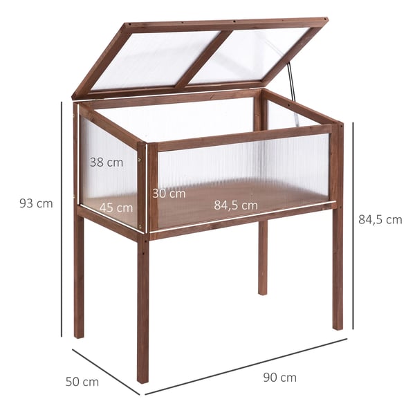 Outsunny højbed i træ, tidligt bed, dyrkningsbord, krydderurtebed, plantekasse til have, altan og terrasse, brun, fyrretræ, PC-plade, 90 x 50 x 93 cm