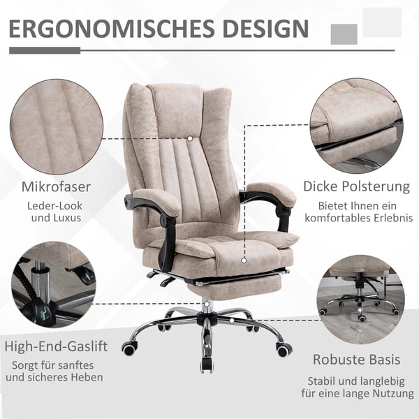 Vinsetto Kontorstol - Ergonomisk Drejestol med Lænïefunktion, Fodstøtte, Højdejusterbar, Beige/Sort/Sølv