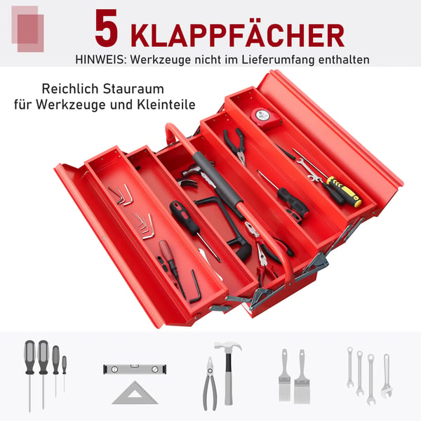 Værktøjskasse Værktøjskuffert Værktøjskiste 5 Rum Foldbar Stål (SPCC) Rød 57 x 21 x 41 cm