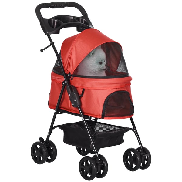 PawHut Hundeklapvogn Foldbar i Rød Stål og Oxford-Gewebe - 67x45x96cm, Ideel til Små Hunde & Katte