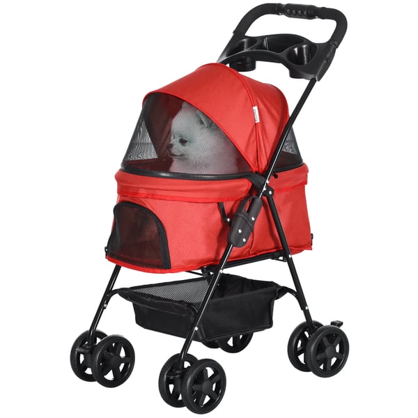 Hundeklapvogn Foldbar i Rød Stål og Oxford-Gewebe - 67x45x96cm, Ideel til Små Hunde & Katte