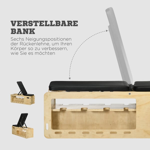 HOMCOM Hantelbænk, træningsbænk med opbevaringsboks og modstandsbånd, justerbar fitnessbænk til vægtløftning, styrketræning, massivt træ