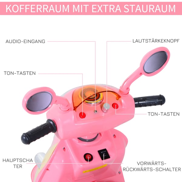 HOMCOM Elektrisk Børnemotorcykel Rosa/Hvid 3-hjuls Lækkert design med lys & musik (Metal+PP)
