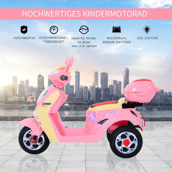 HOMCOM Elektrisk Børnemotorcykel Rosa/Hvid 3-hjuls Lækkert design med lys & musik (Metal+PP)
