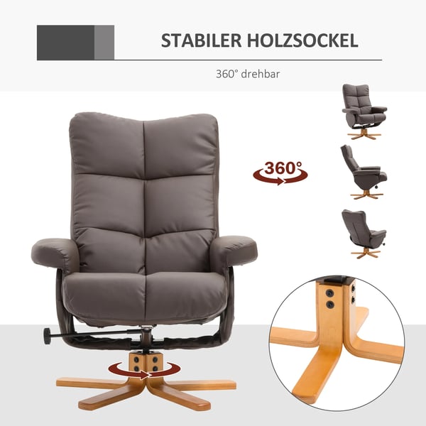 HOMCOM hvilestol med skammel og opbevaring, lænestol med liggefunktion, 360° drejelig stol, PU, træstel, brun, 80 x 86 x 99 cm