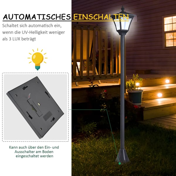 Outsunny Solarlanterne Have Sti Lampe LED 30 Lumen Sort Plastik 15 x 15 x 120cm