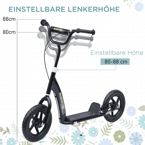 HOMCOM Børneløbehjul Kickscooter 12 tommer med bagbremse, højdejusterbart løbehjul, løbehjul i sort, stål & EVA