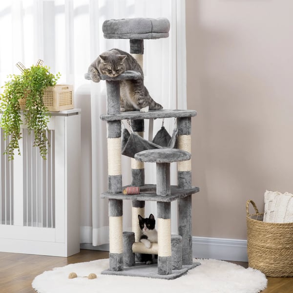 PawHut Katteetræ med krads, hængekøje og platforme - Grå (L40xB40xH132 cm)