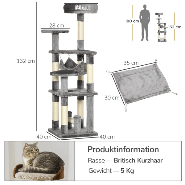 PawHut Katteetræ med krads, hængekøje og platforme - Grå (L40xB40xH132 cm)