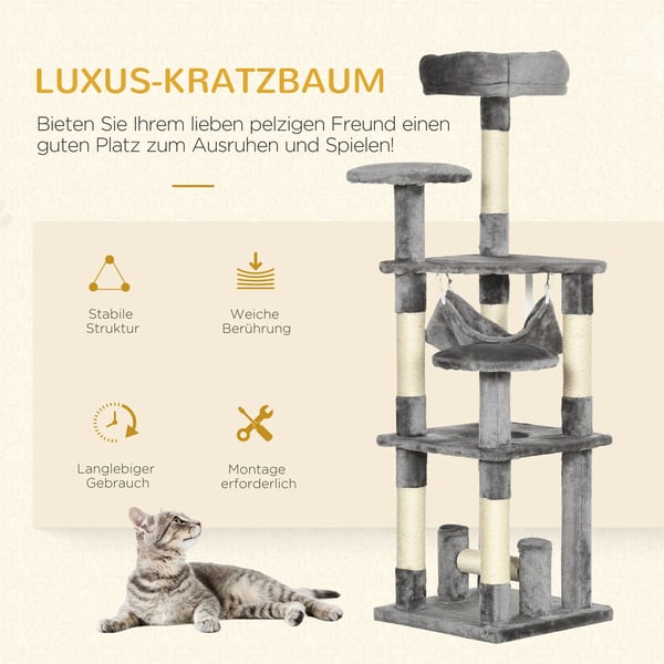 PawHut Katteetræ med krads, hængekøje og platforme - Grå (L40xB40xH132 cm)