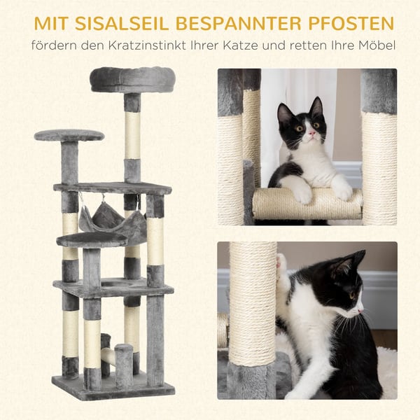 PawHut Katteetræ med krads, hængekøje og platforme - Grå (L40xB40xH132 cm)