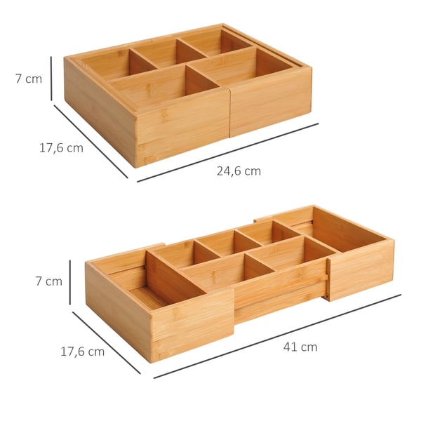 HOMCOM Udtrækkelig Bambus Skuffeopdeler - Natur, 24,6 x 17,6 x 7 cm