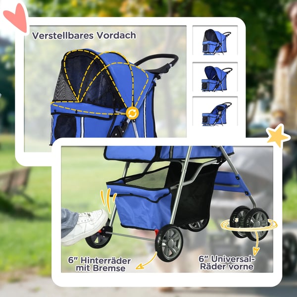 PawHut Hundeklapvogn - Blå Polyester - Klapvogn til Ældre/Svækket Kæledyr – Nem Transport & Opbevaring