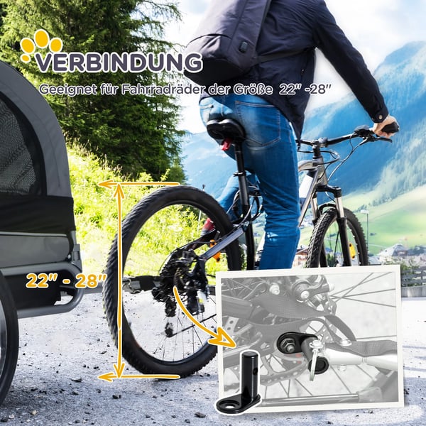 PawHut hundecykelanhænger hundetransport hundecykeltrailer grå+sort 130 x 73 x 90 cm