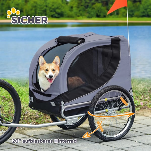 PawHut hundecykelanhænger hundetransport hundecykeltrailer grå+sort 130 x 73 x 90 cm