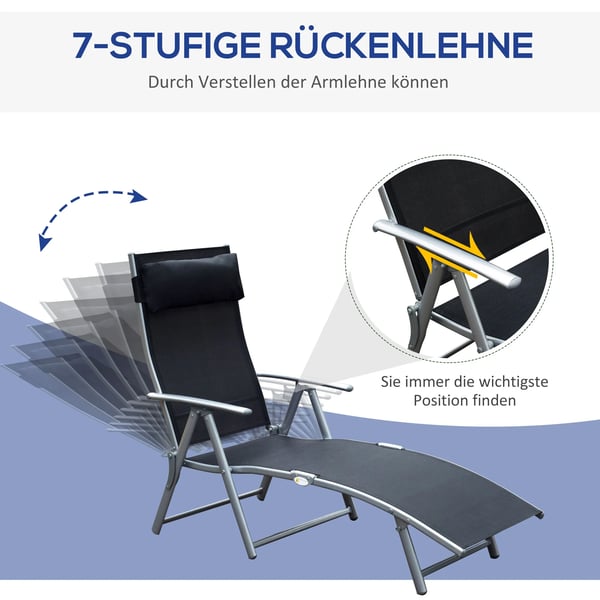 Outsunny solstol strandstol havestol afslapningsstol sammenklappelig med pude strand metal+stof sort 137 x 63,5 x 100,5 cm