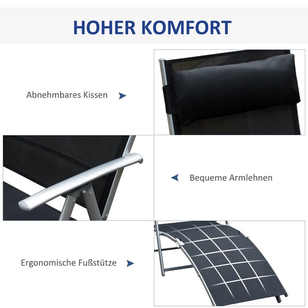 Outsunny solstol strandstol havestol afslapningsstol sammenklappelig med pude strand metal+stof sort 137 x 63,5 x 100,5 cm