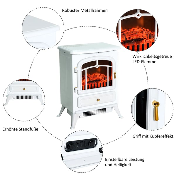 Elektrisk kamin 950/1850W, Vit - Värme och mysig atmosfär med realistisk flamma. Säkerhetsfunktioner för trygg användning. Mått: 41,5 x 28 x 54