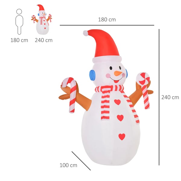 2,4 m uppblåsbar snögubbe med roterande belysning juldekoration trädgårdsdekoration fest Vit+Röd 180 x 100 x 240 cm