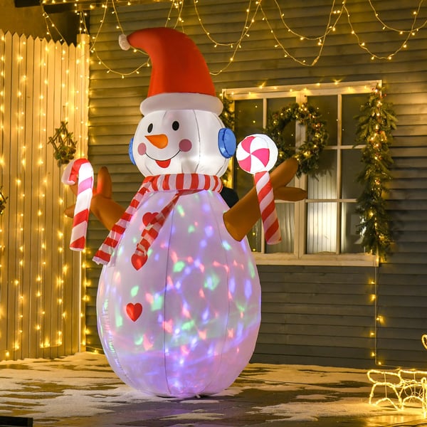 2,4 m uppblåsbar snögubbe med roterande belysning juldekoration trädgårdsdekoration fest Vit+Röd 180 x 100 x 240 cm