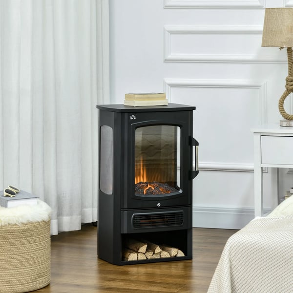 Fritstående Elektrisk Pejs m. LED Flammeeffekt, 1000/2000W, Stål/Hartglas, Sort