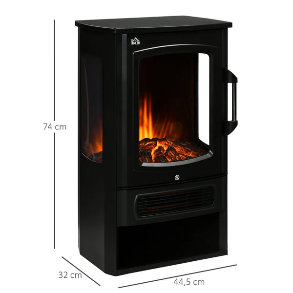 Fritstående Elektrisk Pejs m. LED Flammeeffekt, 1000/2000W, Stål/Hartglas, Sort