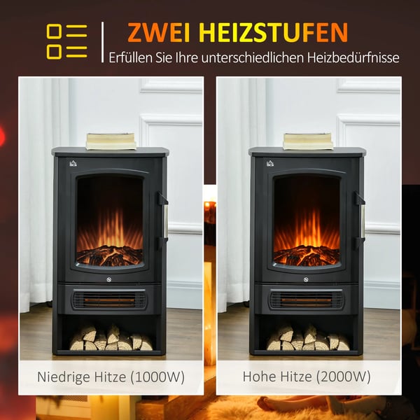 Fritstående Elektrisk Pejs m. LED Flammeeffekt, 1000/2000W, Stål/Hartglas, Sort