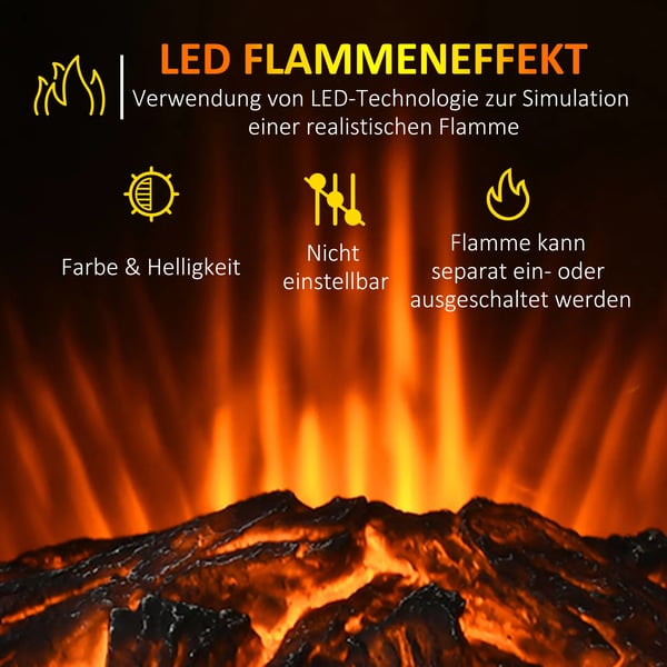 Fritstående Elektrisk Pejs m. LED Flammeeffekt, 1000/2000W, Stål/Hartglas, Sort