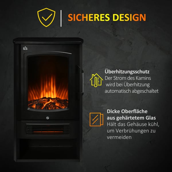 Fritstående Elektrisk Pejs m. LED Flammeeffekt, 1000/2000W, Stål/Hartglas, Sort