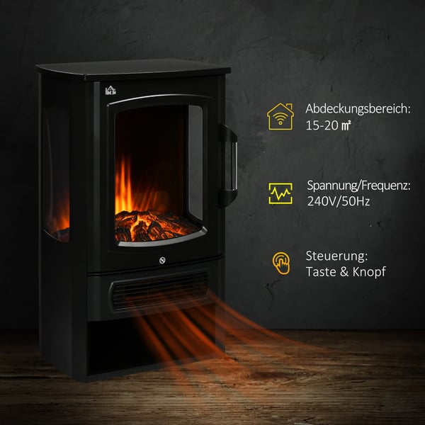 Fritstående Elektrisk Pejs m. LED Flammeeffekt, 1000/2000W, Stål/Hartglas, Sort