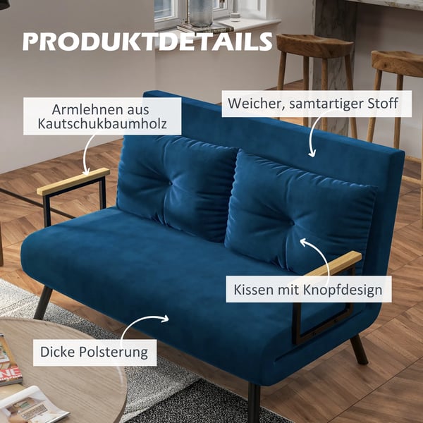 HOMCOM sovesofa afslapningsstol med sengefunktion foldesofa fløjl rygpude justerbart ryglæn blå 102x73x81cm