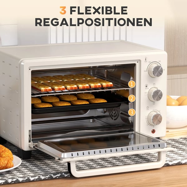 HOMCOM Mini-uuni 21L, kermanvalkoinen, 1400W pöytäuuni 100-230°C, ruostumaton teräs