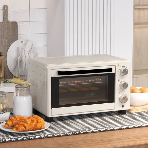 HOMCOM Mini-uuni 21L, kermanvalkoinen, 1400W pöytäuuni 100-230°C, ruostumaton teräs