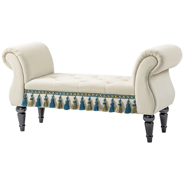 HOMCOM Penkki Sametti, Puujalat, Beige - Ylellinen Tuftattu Istuin, Eteisen / Makuuhuoneen Penkki 117x40x58cm