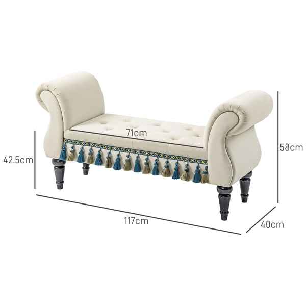 HOMCOM Vintage Fløjls Stolebænk med Opbevaring, Beige Træ & Skum, 117x40x58 cm
