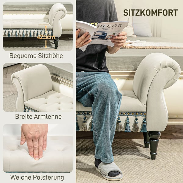 HOMCOM Vintage Fløjls Stolebænk med Opbevaring, Beige Træ & Skum, 117x40x58 cm