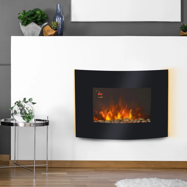 Elektrisk väggkamin 65x11.4x52cm Svart Metall och Säkerhetsglas med LED-belysning och Fjärrkontroll