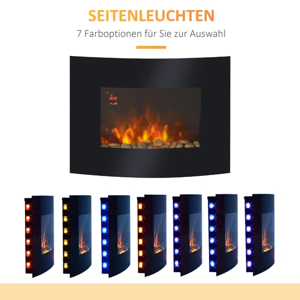 Elektrisk väggkamin 65x11.4x52cm Svart Metall och Säkerhetsglas med LED-belysning och Fjärrkontroll