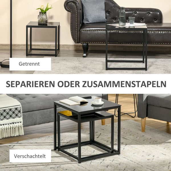 HOMCOM Sidebord Sæt af 2, Sofabordsæt med Glasbordplade, Stål, Sort