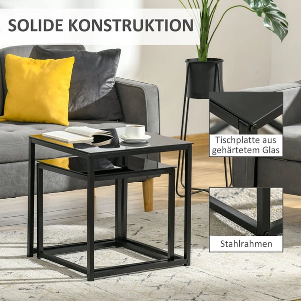 HOMCOM Sidebord Sæt af 2, Sofabordsæt med Glasbordplade, Stål, Sort