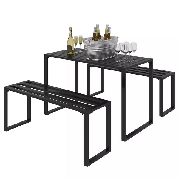 Outsunny utomhusmöbelset 3 delar, sittgrupp för trädgården, 1 x bord, 2 x bänkar, metall, svart, 110 x 55 x 70 cm
