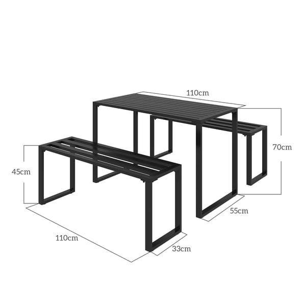 Outsunny udendørs møbelsæt 3-dele bænkesæt havesæt 1 x bord 2 x bænk metal sort 110 x 55 x 70 cm