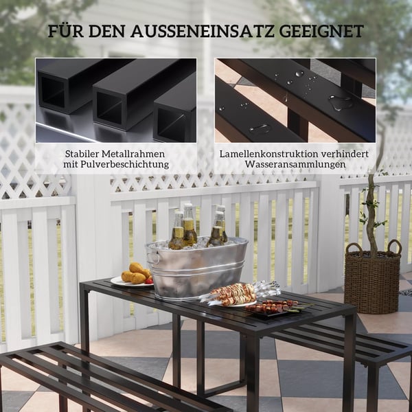 Outsunny udendørs møbelsæt 3-dele bænkesæt havesæt 1 x bord 2 x bænk metal sort 110 x 55 x 70 cm