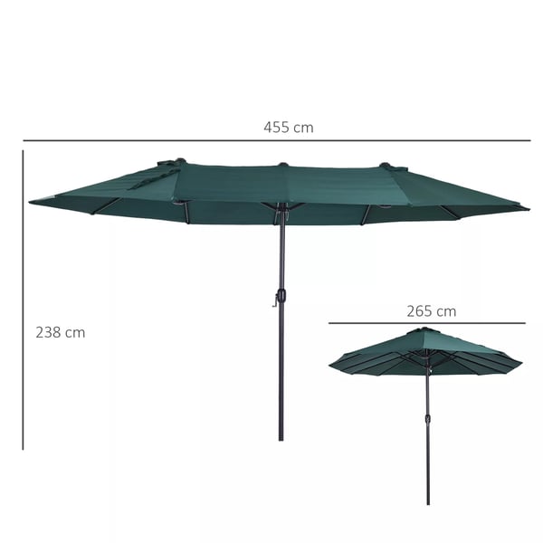 Outsunny Dobbeltparasol Mørkegrøn 460 x 270 cm - Haveparasol med Håndsving og Parasolstander