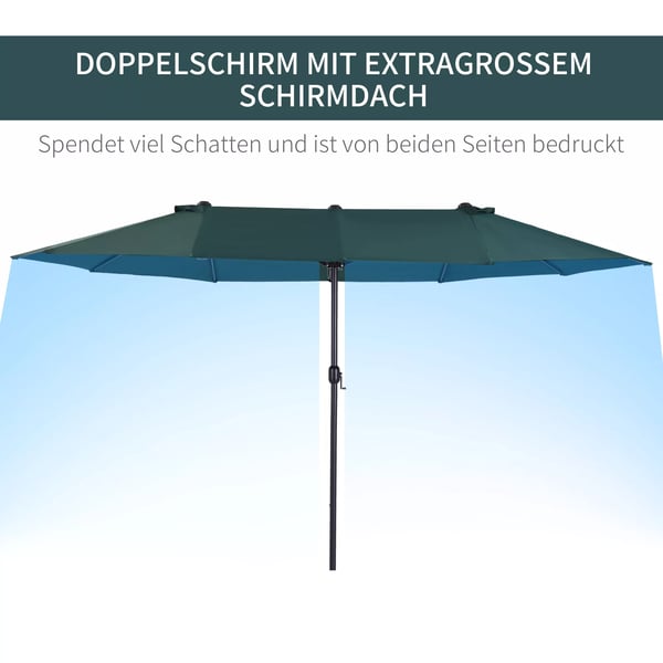 Outsunny Dobbeltparasol Mørkegrøn 460 x 270 cm - Haveparasol med Håndsving og Parasolstander