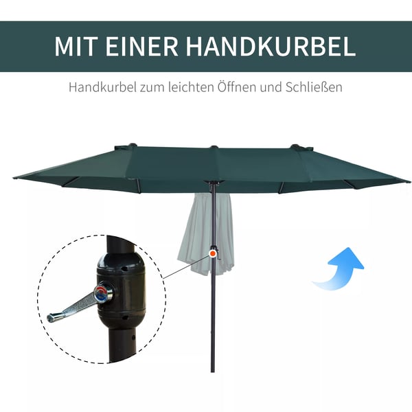 Outsunny Dobbeltparasol Mørkegrøn 460 x 270 cm - Haveparasol med Håndsving og Parasolstander