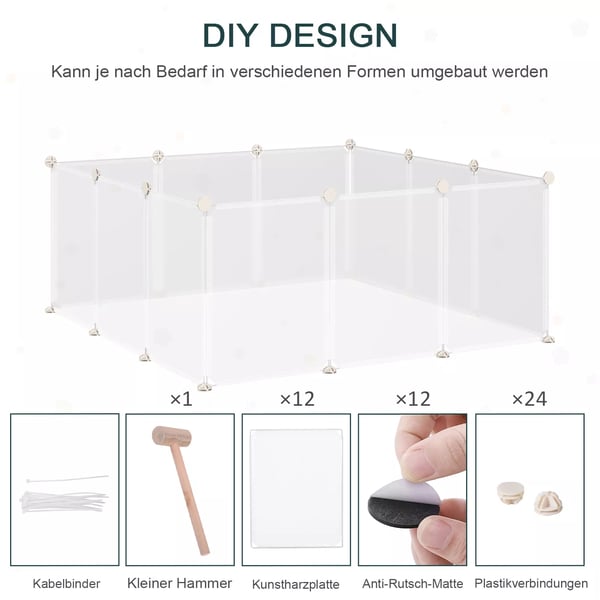 PawHut DIY lemmikkieste, metalli/PP, 12 paneelia, valkoinen, 105x105x45cm